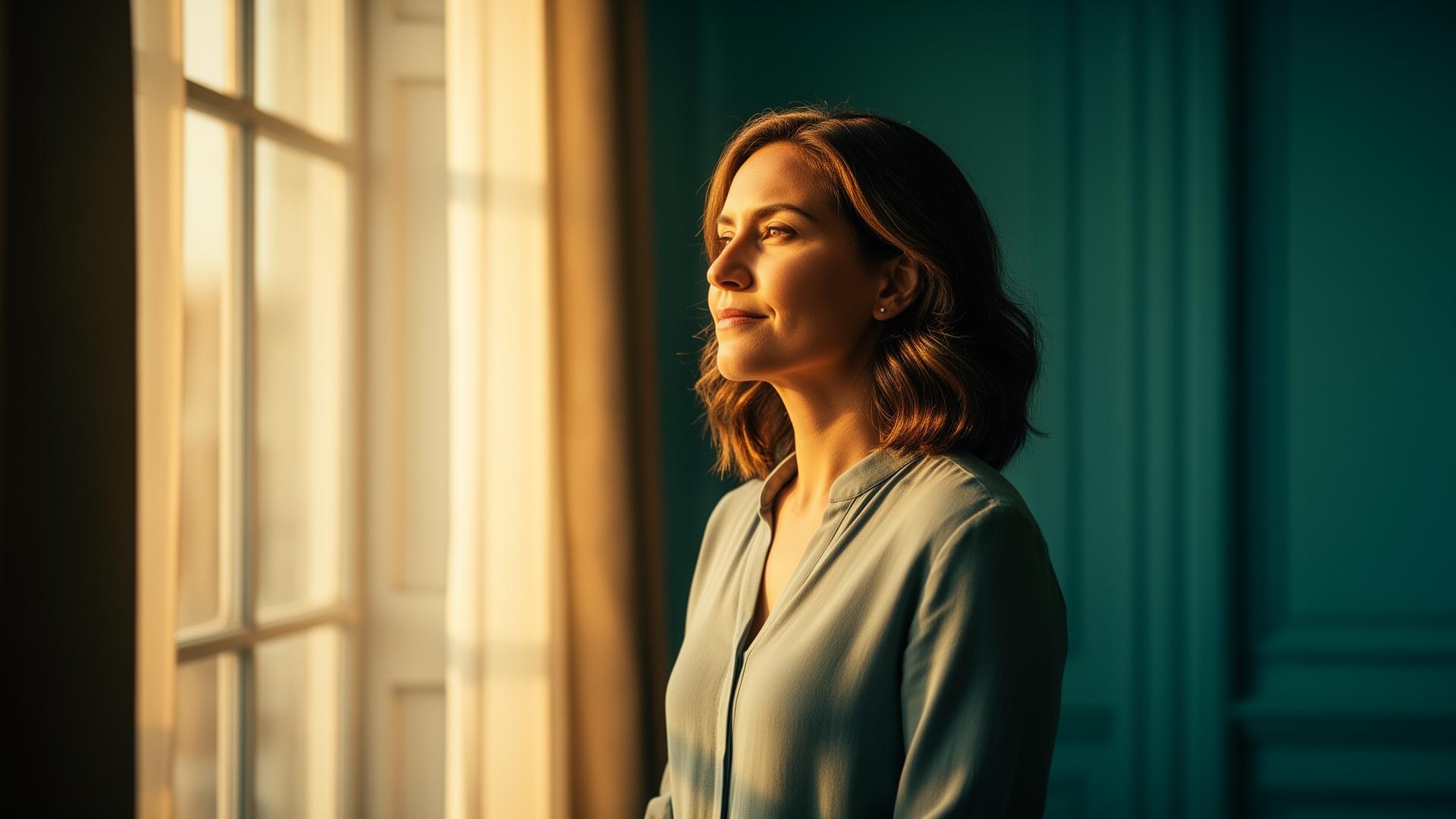 Woman finding new beginnings in warm light
